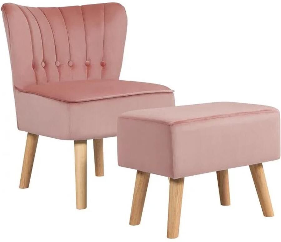 Furnibella Fauteuil zonder armleuningen – Gestoffeerde fluwelen stoel met ottoman huidvriendelijk materiaal roze