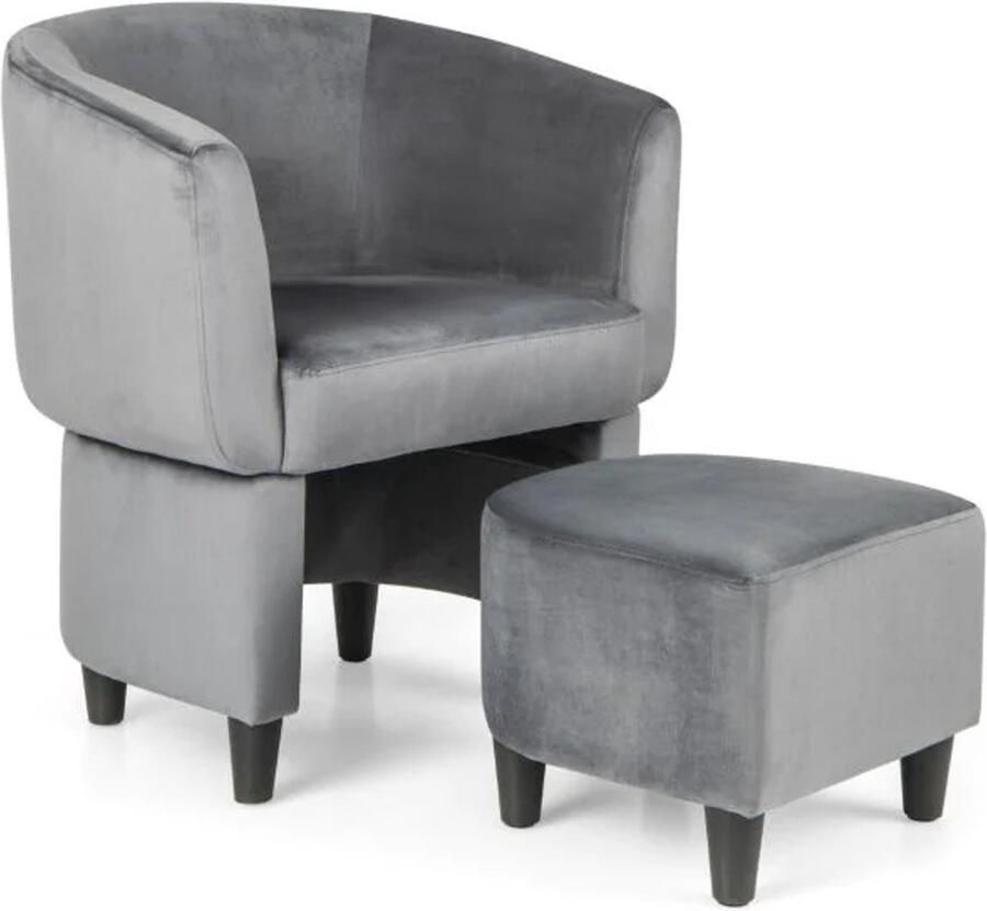 Furnibella Fluwelen Fauteuil met Voetenbank – Gestoffeerde Clubfauteuil op Massief Houten Basis (Grijs)