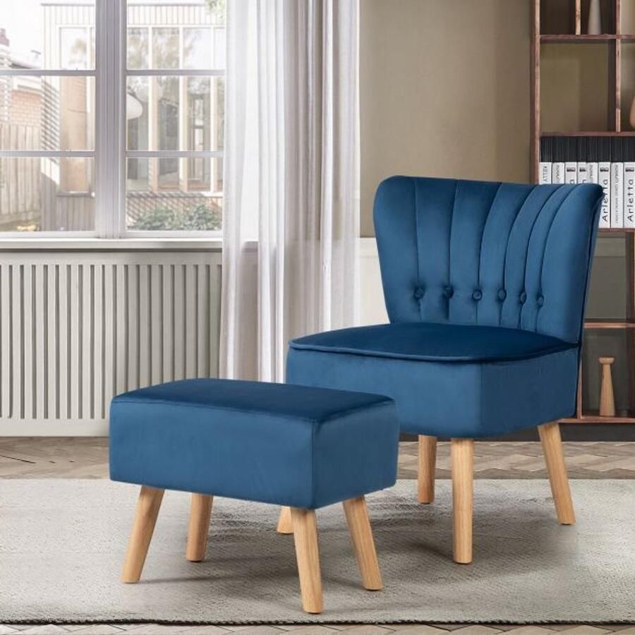 Furnibella Fluwelen fauteuil zonder armleuningen – Gestoffeerde relaxstoel met ottoman huidvriendelijk materiaal blauw