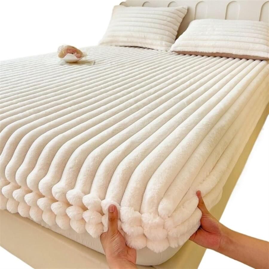 Furnibella Fluwelen Hoeslaken 180 x 200 cm – Beige-Wit – Zacht & Verdikt Winterbedlaken – Warme Matrashoes voor King Queen Bed