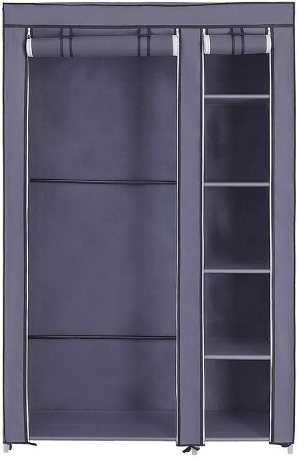 Furnibella _Grijze Stoffen Garderobekast 110 x 175 cm met Kledingstang en Vijf Legplanken