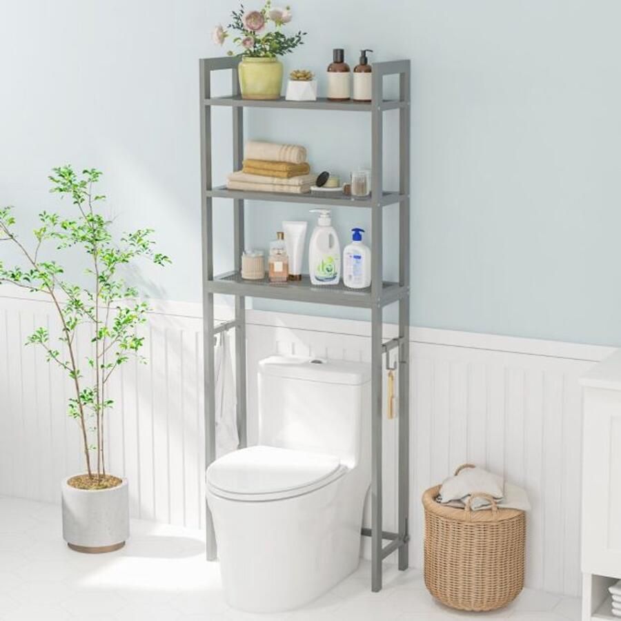 Furnibella -Grijze toiletplank – 170 cm hoog 3 planken & verstelbare dwarsbalk