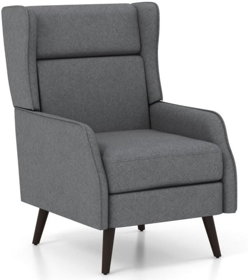 Furnibella -Grijze vleugelstoel van stof met hoge rugleuning en elastische pocketveren