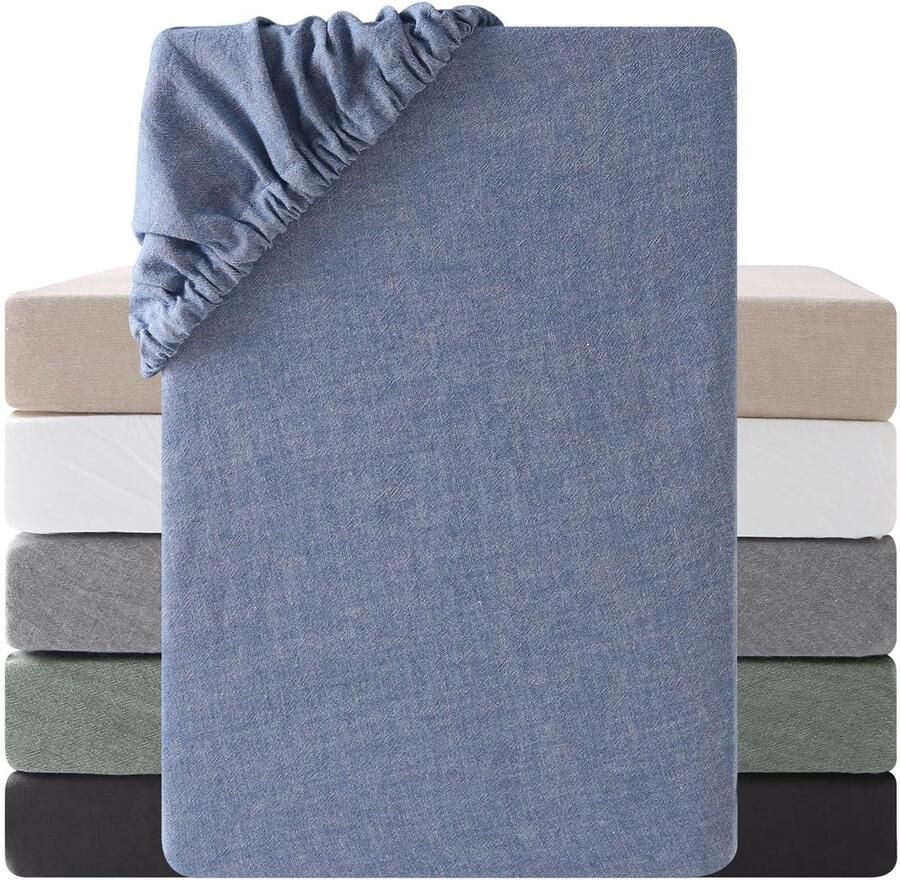 Furnibella -Hoeslaken 180 x 200 cm – Denim Blauw 100% Gewassen Katoen Ademend Eco-Tex Gecertificeerd Geschikt voor Matrassen tot 25 cm