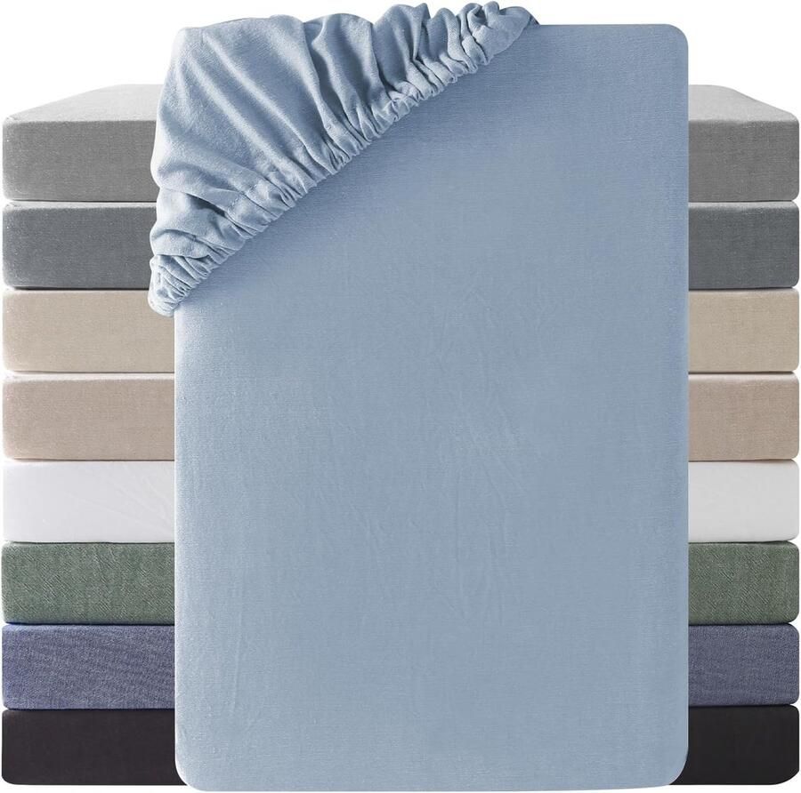 Furnibella -Hoeslaken 180 x 200 cm – Haiya Blauw 100% Gewassen Katoen Ademend Eco-Tex Gecertificeerd Geschikt voor Matrassen tot 25 cm