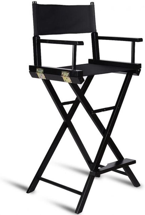 Furnibella Hoge Regisseursstoel – Opvouwbare Make-up Stoel met Zijvakken en Houten Frame-ZWART