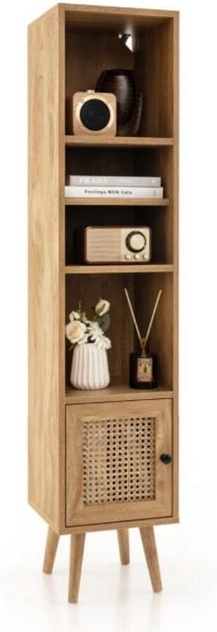 Furnibella Hoge Rotan Boekenkast met 4 Planken en Lade – Boho Stijl-Natuurlijk