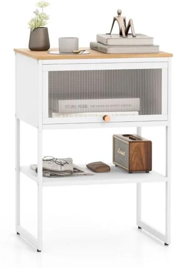 Furnibella -Houten Nachtkastje met Metalen Frame Transparante Deur & Plank – 40 x 32 x 56 cm – Wit