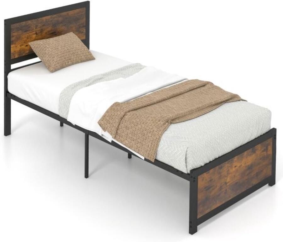 Furnibella -Industrieel Bedframe 90x200 cm – Stevig Metalen Frame Hoofdbord & Duurzame Lattenbodem Rustiek bruin en zwart