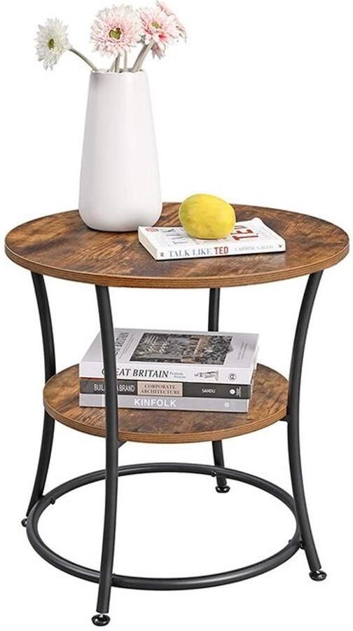 Furnibella -Industrieel Bijzettafel met 2 Planken – Vintage Donkerbruin & Zwart Metaal