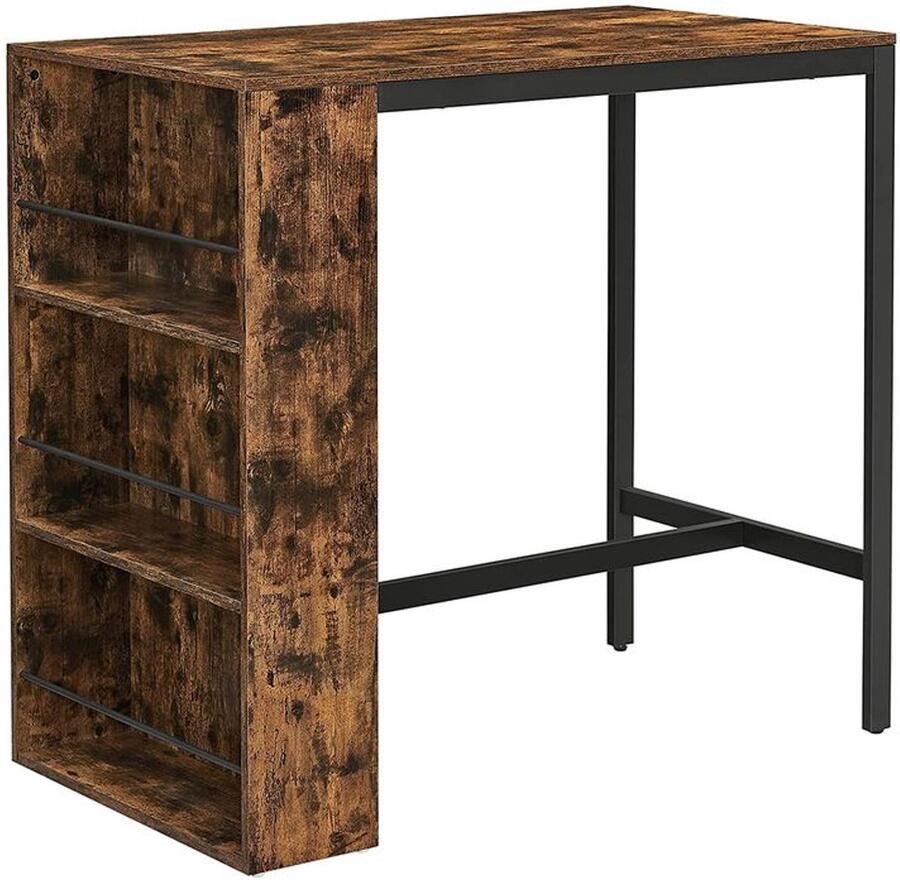 Furnibella -Industrieel Design Bartafel met Opbergplank Vintage Bruin Tafelblad Zwart Metalen Frame Ruimtebesparend
