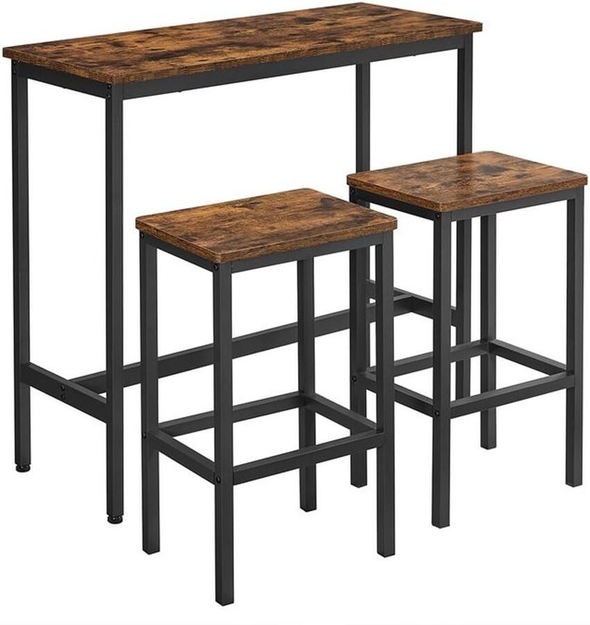Furnibella -Industrieel Design Bartafelset Robuust Houtlook Tafelblad Metalen Frame Inclusief Krukken-Bruin