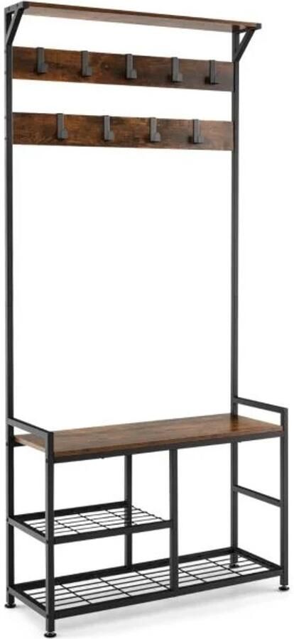 Furnibella -Industrieel Kapstok met 9 Haken & 3-Lagen Schoenenrek – Stabiel Ruimtebesparend & Stijlvol Bruin Design
