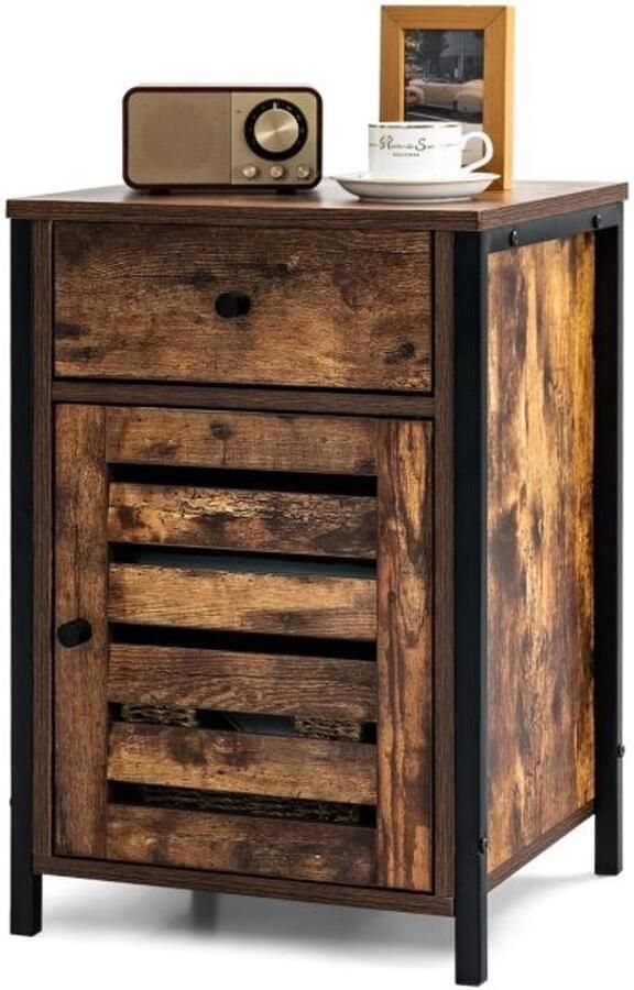 Furnibella -Industrieel Nachtkastje – Vrijstaand Model met In Hoogte Verstelbare Plank – Rustiek Bruin