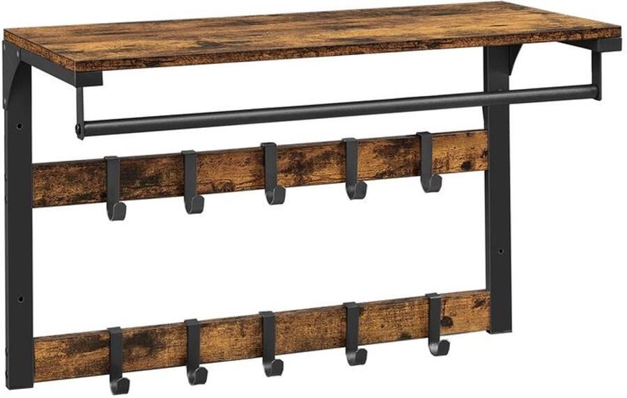 Furnibella _Industrieel Wand kapstok met Plank – Vintage Bruin & Zwart – Stevig Metaal & Hout – Ruimtebesparend & Stijlvol