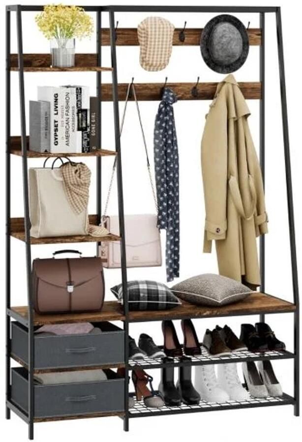 Furnibella -Industriële Garderobekast met Bank voor Entree – 122x40x180 cm Rustiek Bruin Stijlvol en Functioneel Met Ruimte voor Jassen en Schoenen