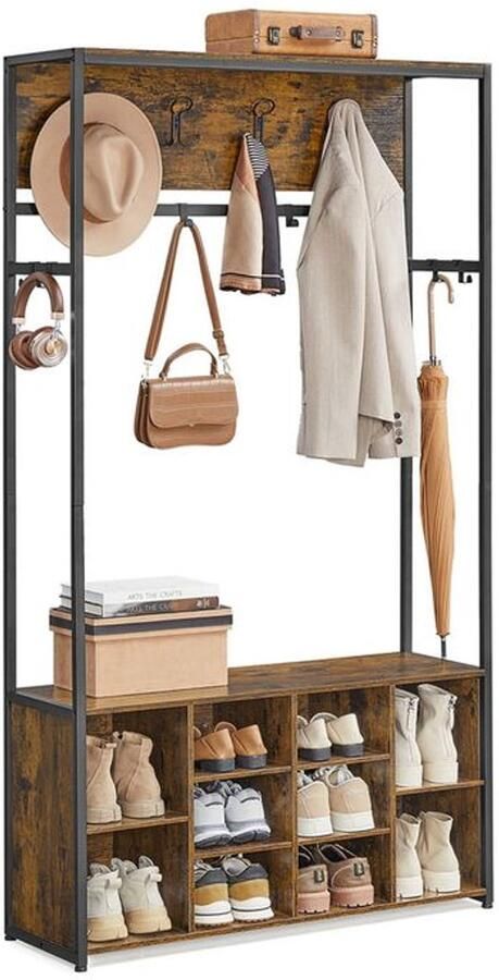 Furnibella Industriële Kledingstandaard met Schoenenrek – Vintage Bruin & Inktzwart