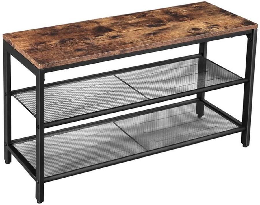 Furnibella _Industriële Schoenenbank met 2 Metalen Roosterplanken en Houten Zitting – Robuust Ontwerp Geschikt voor Hal of Woonkamer_Donkerbruin vintage
