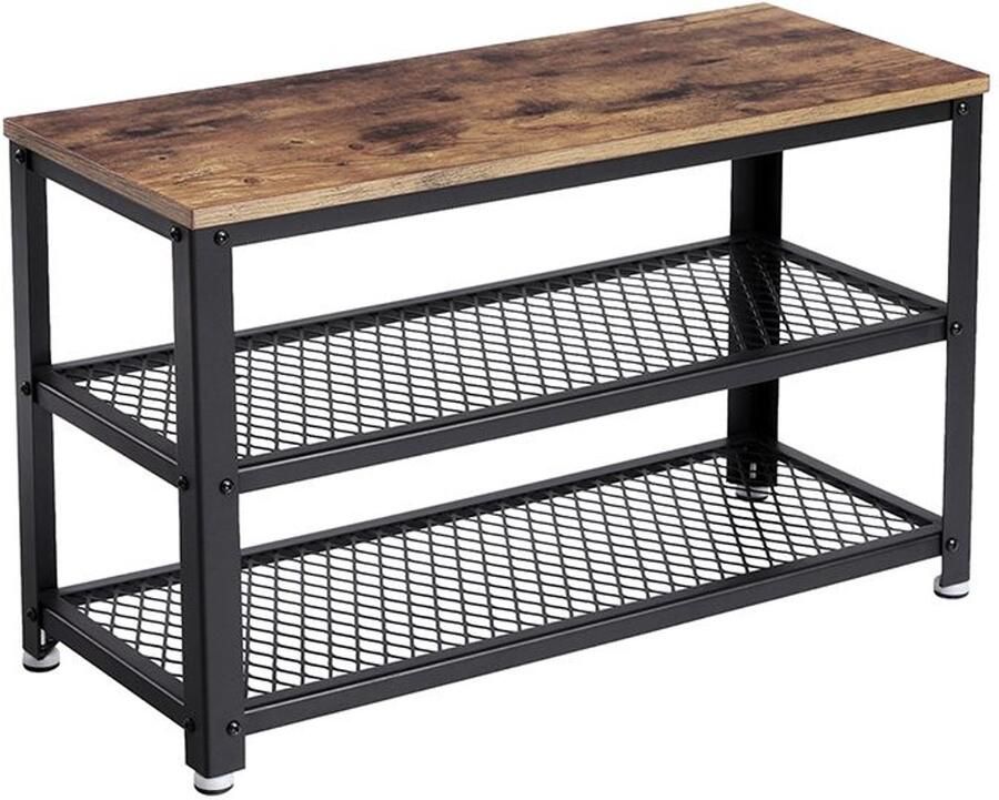Furnibella _Industriële Schoenenbank met Plank – Robuust Metaal Houten Accenten en Multifunctioneel Ontwerp_Vintage bruin + zwart