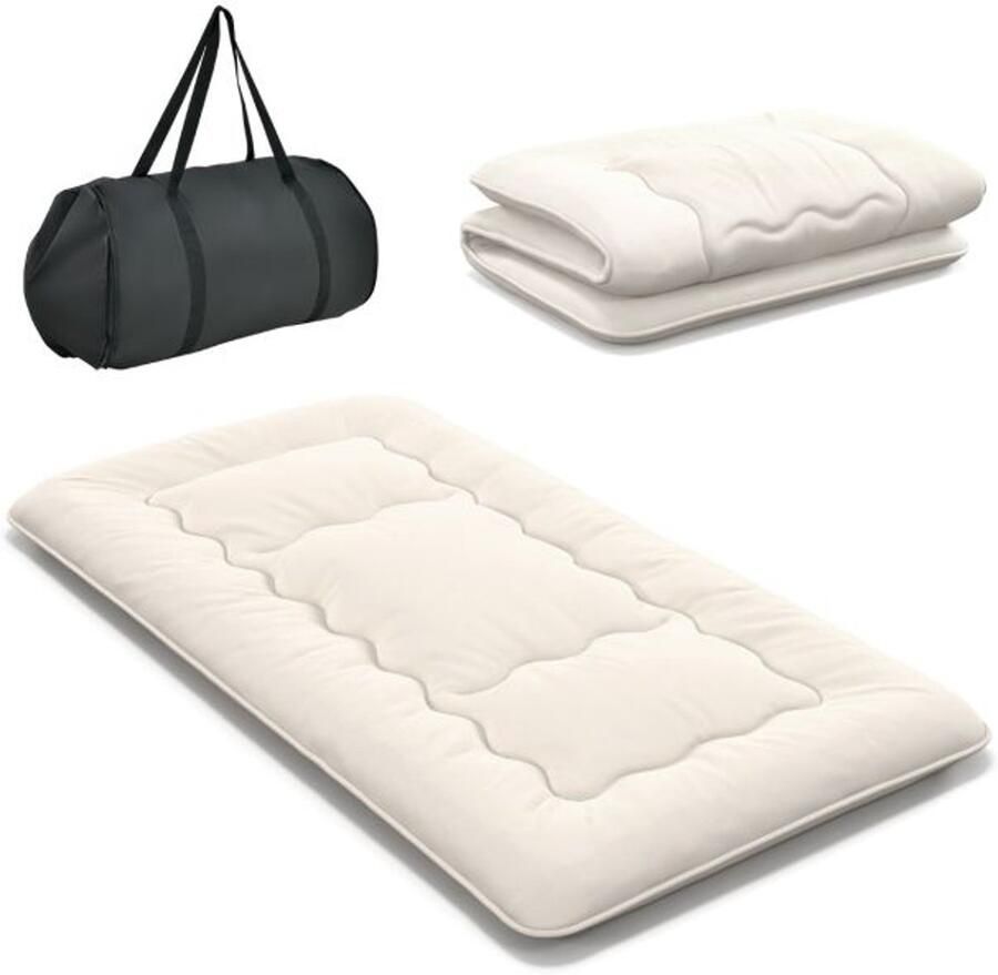 Furnibella -Japanse Futon Matras – Tatami Mat met Wasbare Hoes & Trekkoord (90x 200 cm Beige)