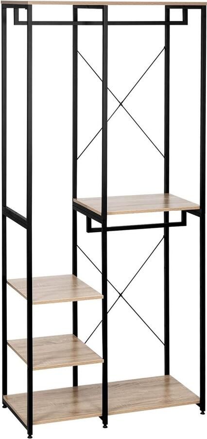 Furnibella Kapstok Kledingkast plank in spaanplaat en stalen kledingstang Kledingrek met schoenenrek Zwart+lichteiken