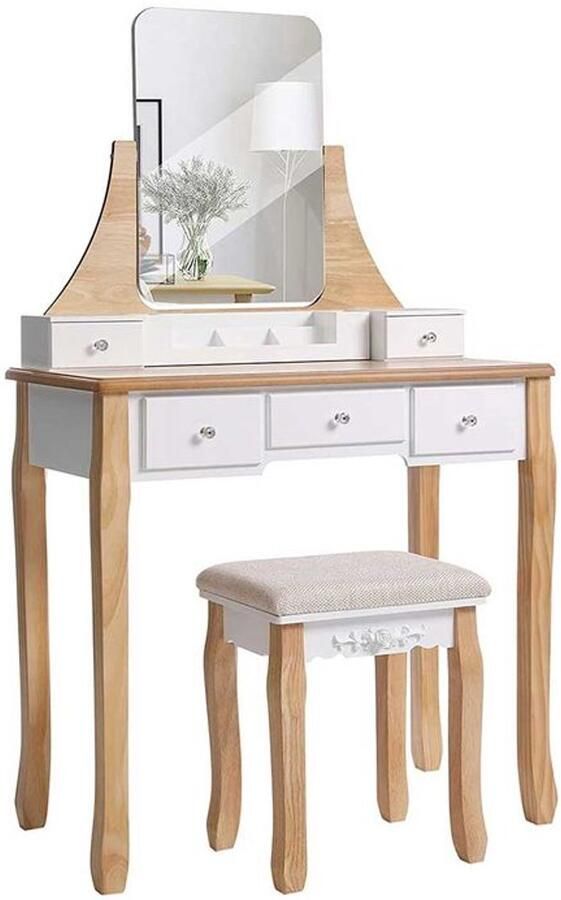 Furnibella Kaptafel met Draaibare Spiegel – Stijlvol en Functioneel Design-Wit-Natuurlijk