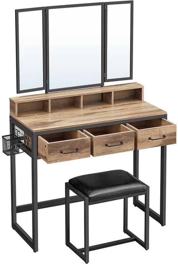 Furnibella Kaptafel met Kruk en Spiegel – Elegant Design voor Beauty en Styling eiken bruin-zwart