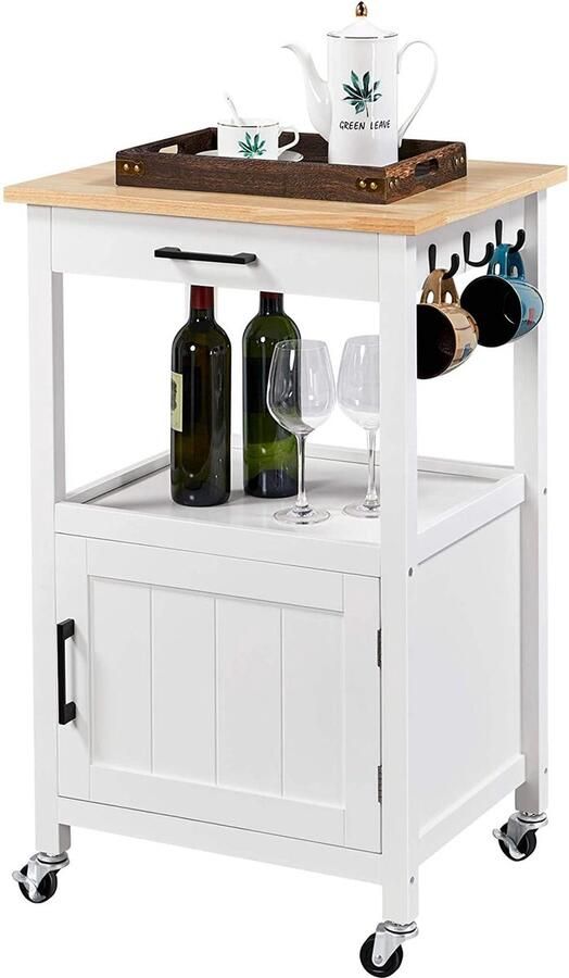 Furnibella Keukenwagen op wielen serveerwagen met kast en plank werkblad van hout rolwagen 55 x 45 x 89 cm keukentrolley in landelijke stijl wit