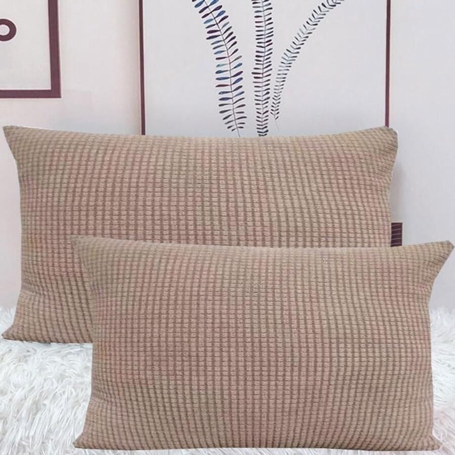 Furnibella -Khaki Corduroy Kussenhoezen 50x70 cm – Set van 2 Stretch Sierkussenovertrekken voor Bank en Woondecoratie