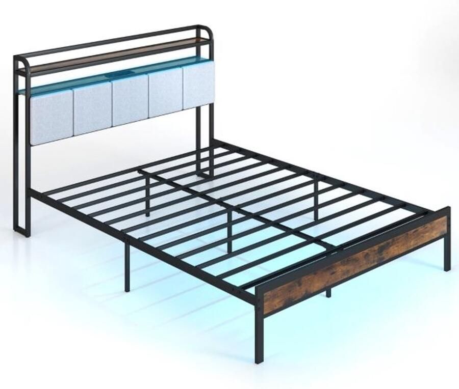 Furnibella -Kingsize Bedframe – Met LED-Verlichting Oplaadstation & Stoffen Hoofdbord (Rustiek Bruin Zwart Grijs)
