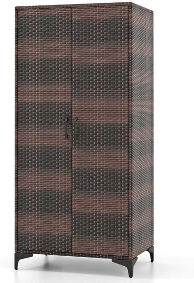 Furnibella -Kledingkast van PE-Rotan met 2 Deuren Kledingroedes en 4 Compartimenten Bruin