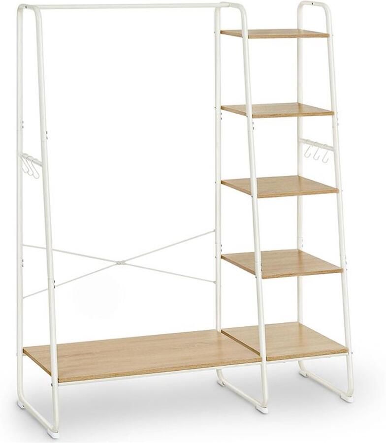 Furnibella -Kledingrek met Planken & Haken – Eikenhout en Wit Metaal Stijlvol en Functioneel