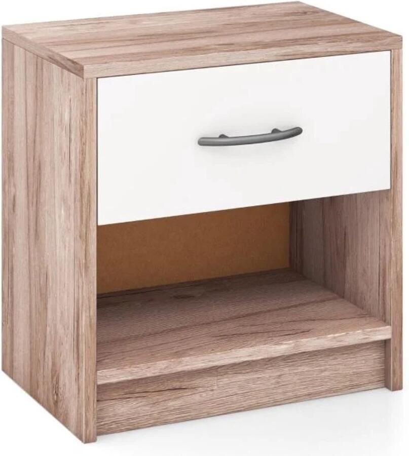 Furnibella Klein Nachtkastje met Lade en Open Vak (38 5 x 28 x 40 5 cm – Eiken Wit)