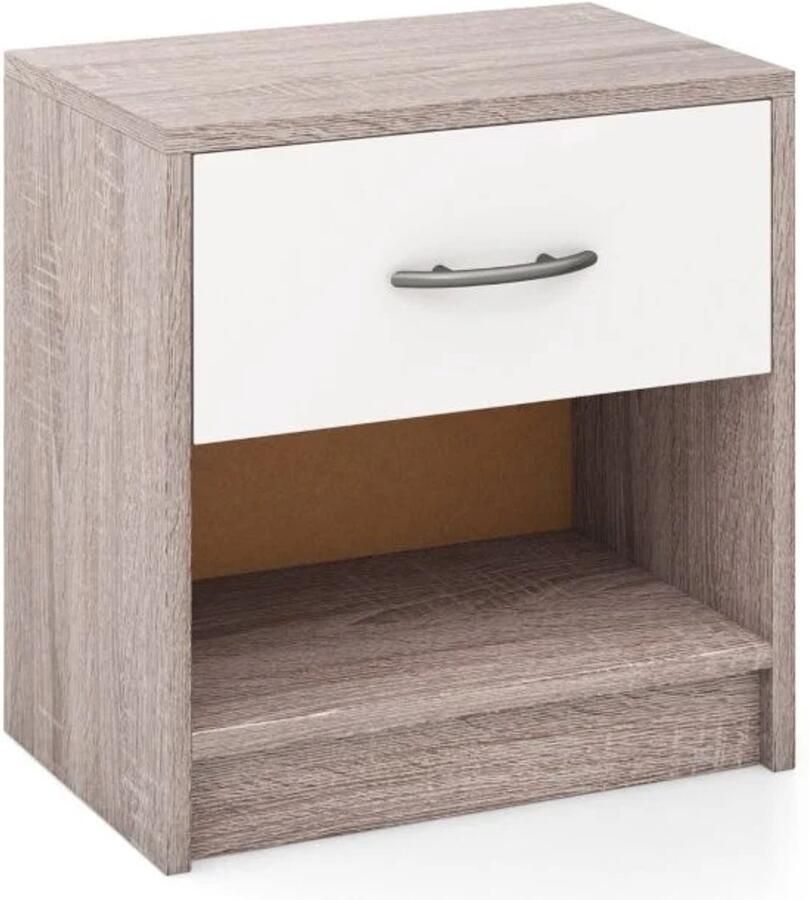 Furnibella -Klein Nachtkastje met Lade en Open Vak (38 5 x 28 x 40 5 cm – Lichtgrijs Wit)