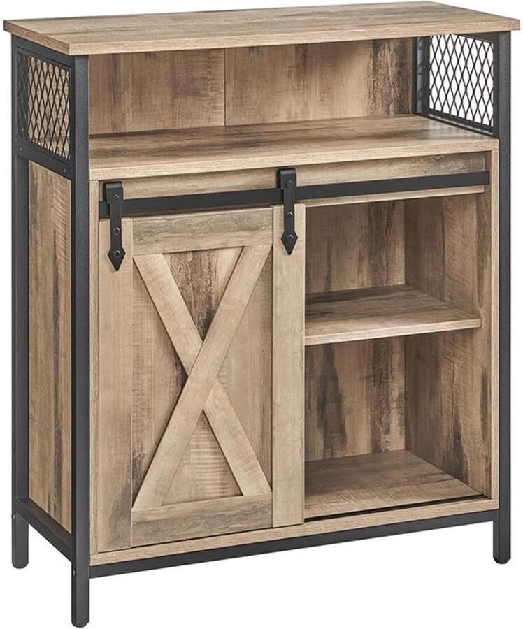 Furnibella -Landelijk Eiken Dressoir met Schuifdeur in Bruin-Zwart Afwerking Robuust en Tijdloos Design