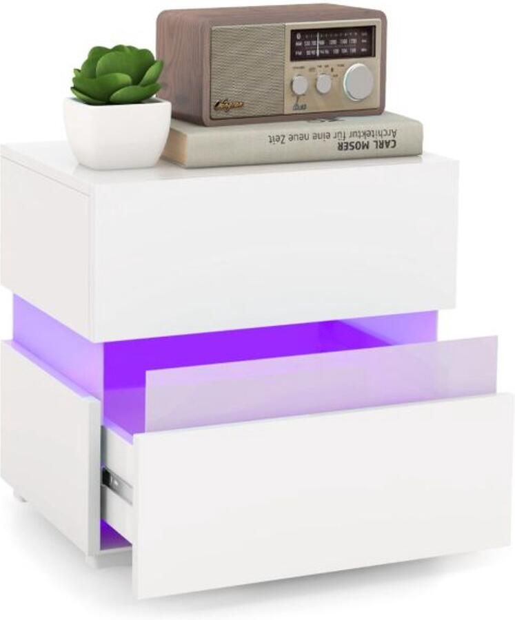 Furnibella -LED Nachtkastje – Set van 1 2 Hoog Design met 2 Lades (Zwart Wit)