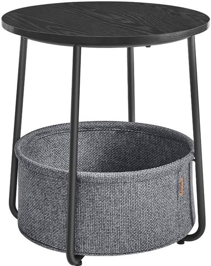 Furnibella -Luxe Bijzettafel met Mand van Ebbenhout en Zwart-Leigrijze Stof