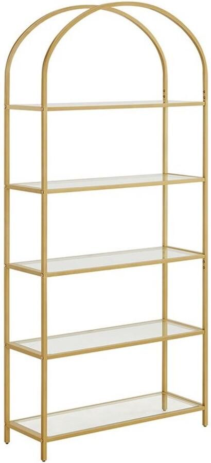Furnibella -Luxe Boekenkast – 5 Planken van Gehard Glas – Goudkleurig Frame – Transparant Design – Modern & Stijlvol