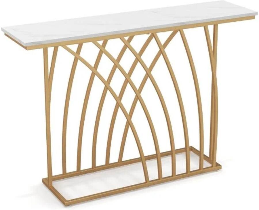 Furnibella -Luxe Console Tafel – Marmer Look Blad Geometrisch Metalen Frame – 120x30x80 cm – Wit & Goud