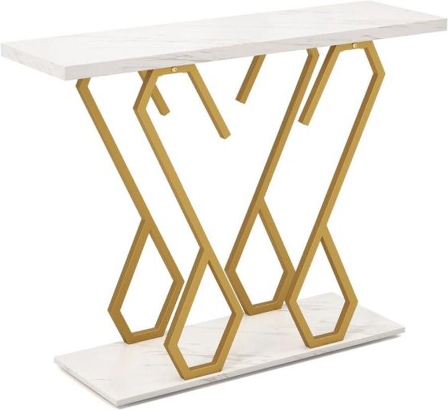 Furnibella -Luxe Kunst marmeren Consoletafel – Verstelbare Voetkussens Stijlvolle Hal tafel in Wit & Goud