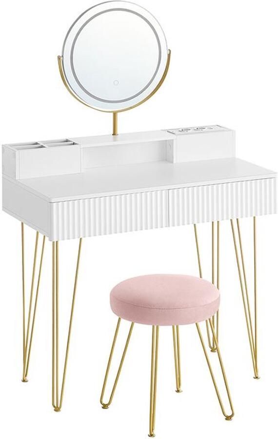 Furnibella Luxe Make-uptafel met Kruk en Verlichte Spiegel – Elegant Design (40 x 80 x 134 8 cm) Mat Wit-Bleekgoud