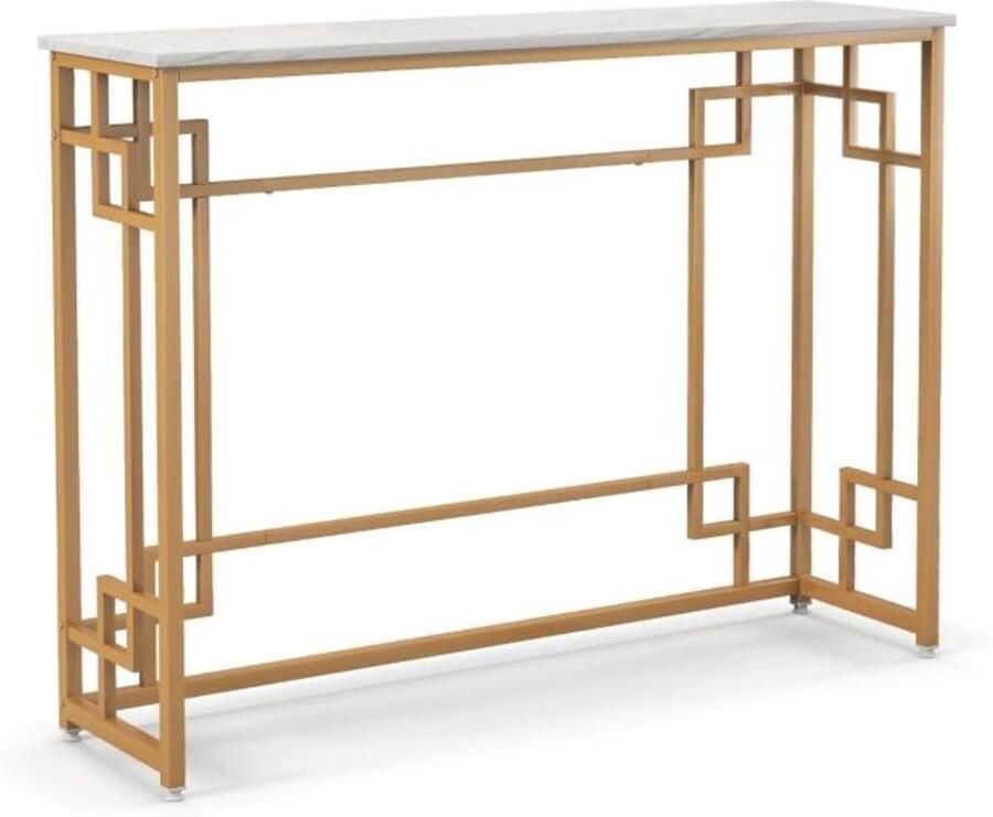 Furnibella -Luxe Smalle Consoletafel – Marmeren Blad & Geometrisch Goudkleurig Metalen Frame Stijlvolle Entreetafel