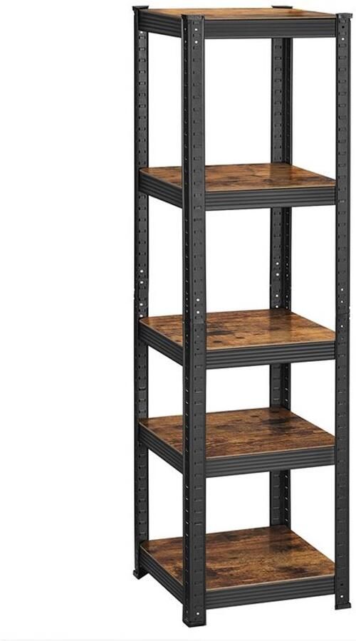 Furnibella _Massieve houten wandplank met vijf smalle planken_Vintage bruin + zwart