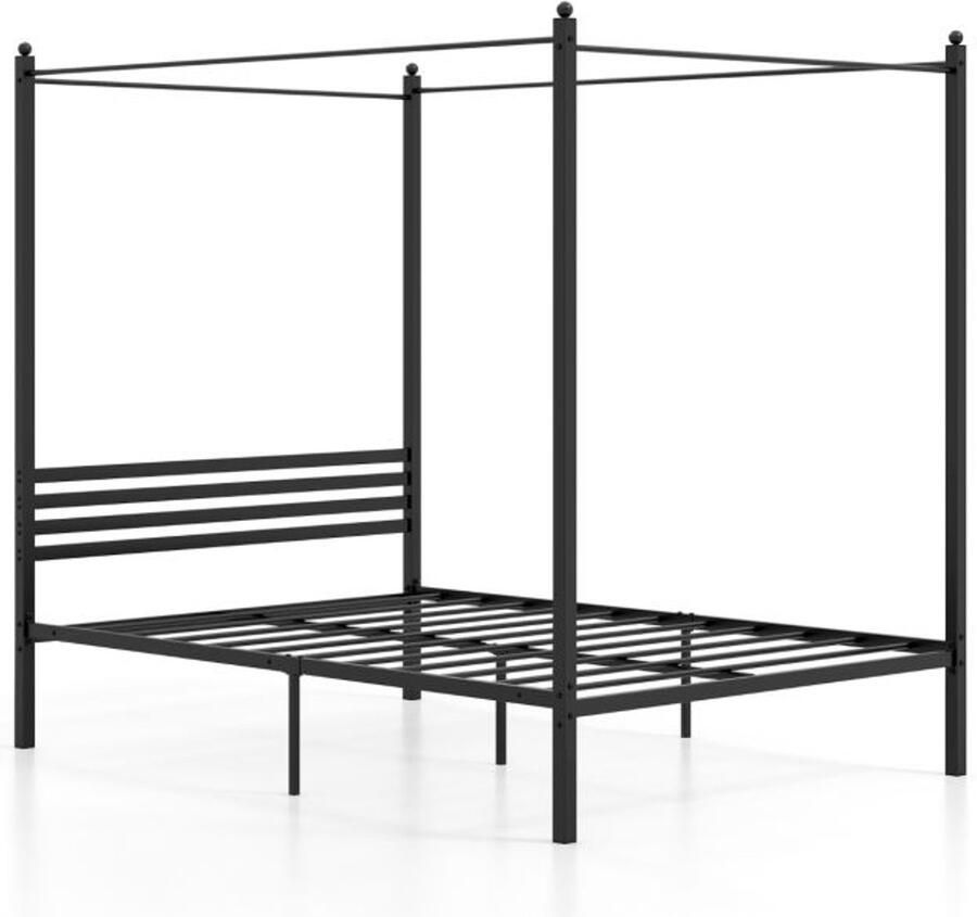 Furnibella -Metalen Hemelbed 140x200 cm – Stijlvol Tweepersoonsbed met Lattenbodem (Zwart)