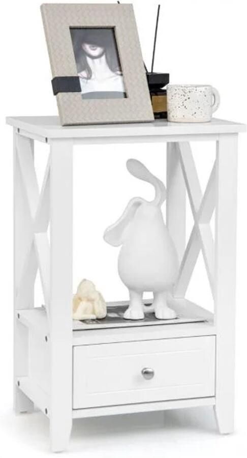 Furnibella -Modern Nachtkastje in X-Design – 2-Laags – Met Lade – Wit – 40 x 30 x 61 5 cm – Stijlvol en Functioneel