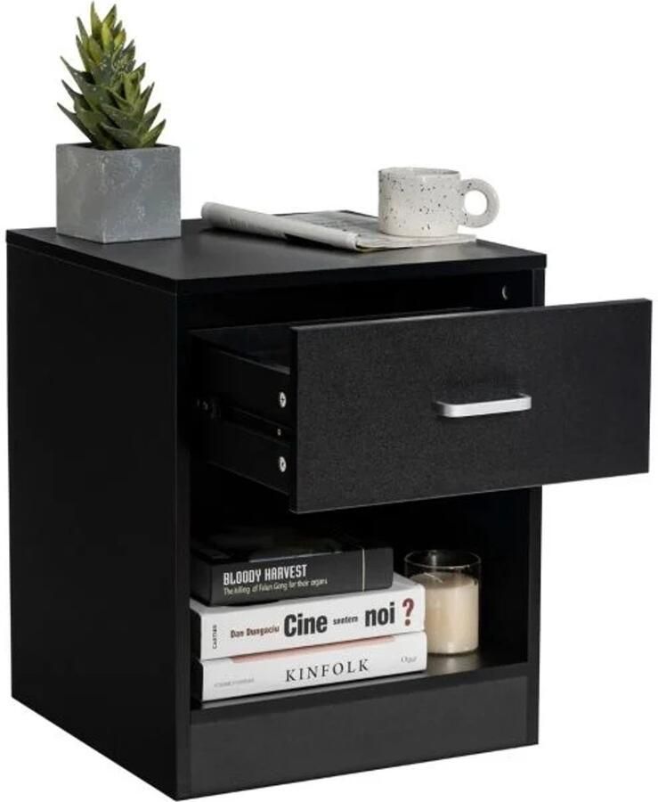 Furnibella -Modern Nachtkastje met Lade en Open Kast – Woonkamertafel (45 x 42 5 x 55 cm Zwart)