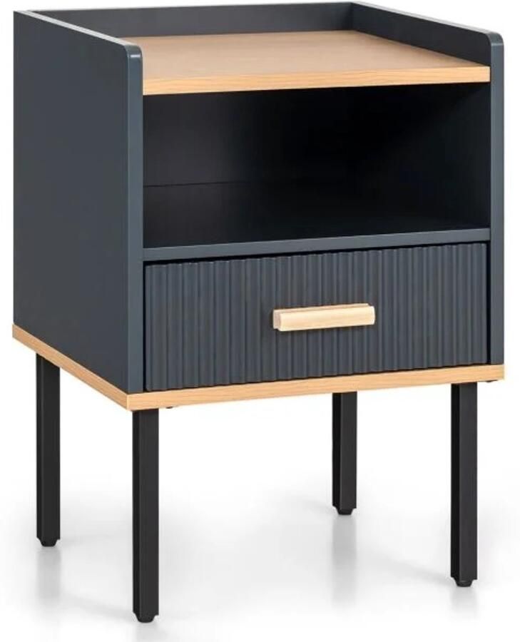 Furnibella Modern Nachtkastje met Lade en Open Plank – 40 x 35 x 56 cm – Grijs Houten Bijzettafel