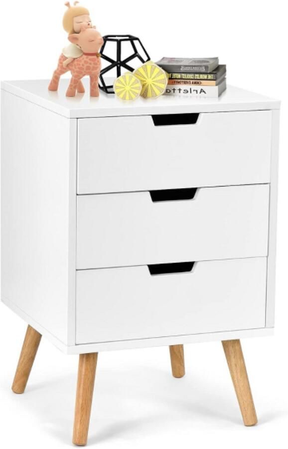 Furnibella Modern Nachtkastje van Massief Hout met 3 Lades (Wit – 40 x 40 x 60 cm)