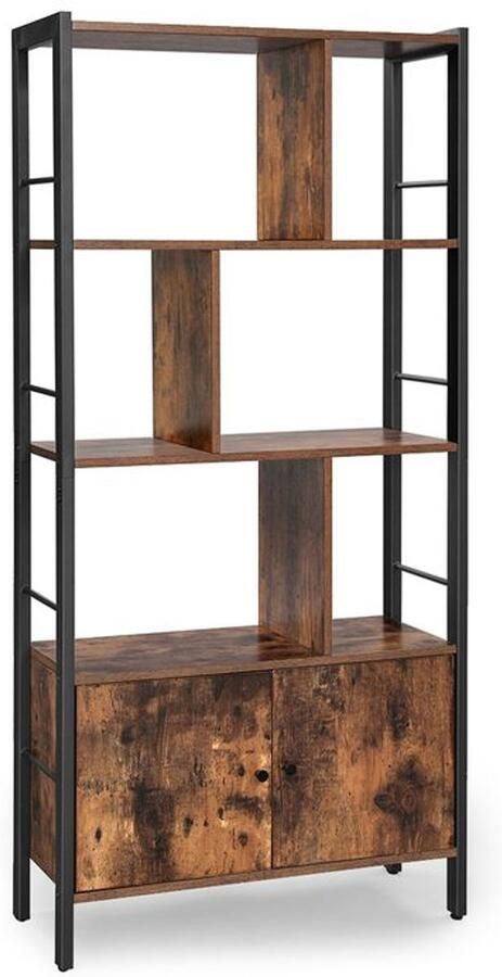 Furnibella -Moderne Boekenkast met 4 Planken – Ideaal voor Organisatie-Vintage bruin-zwart