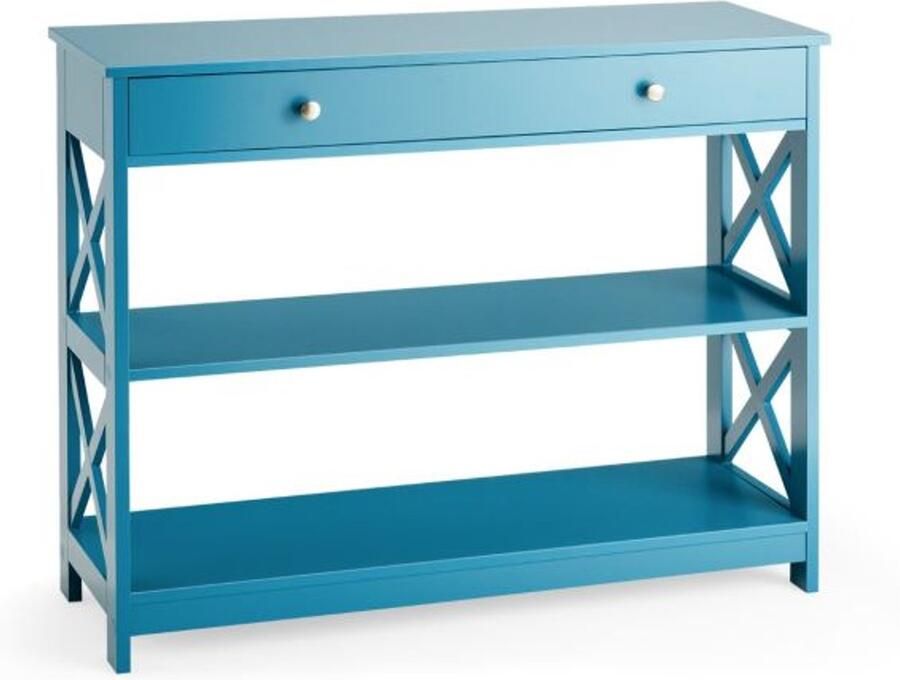 Furnibella -Moderne Consoletafel – 3 Niveaus Lade & X-Vormig Onderstel – Blauw – Stijlvol & Functioneel